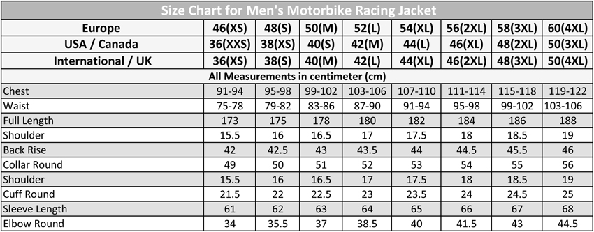 Size Chart for Men's Motorcycle Racing Jacket