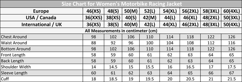 Size Chart for Women's Motorcycle Racing Jacket