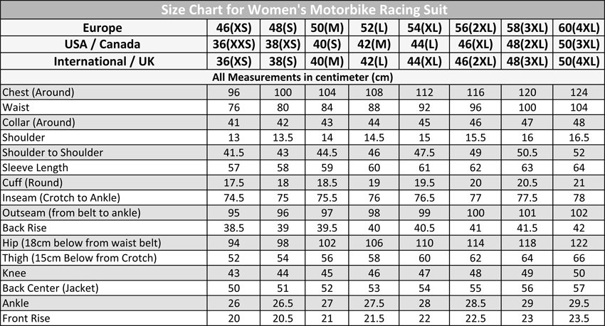 Size Chart for Women's Motorcycle Racing Leather Suit